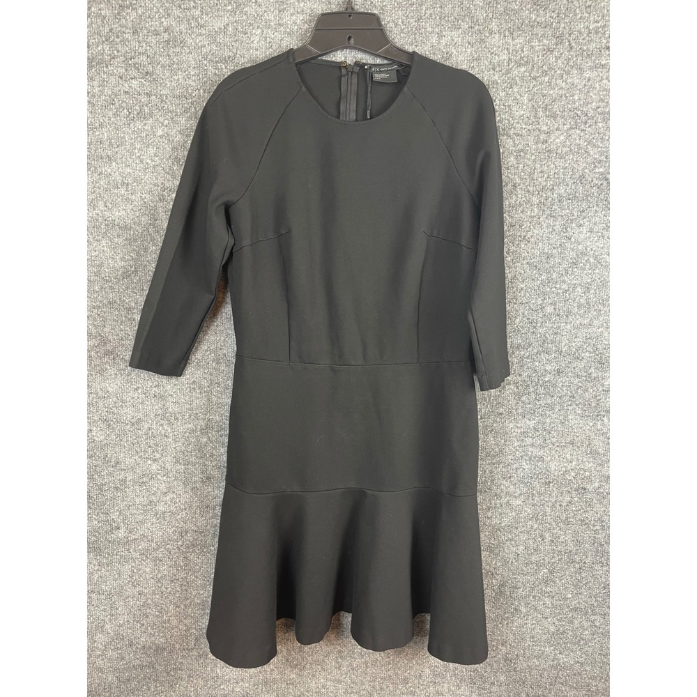 Armani Exchange Dress Women Large Black Excellent 3/4 Sleeve Fit Flare Ruffle‎